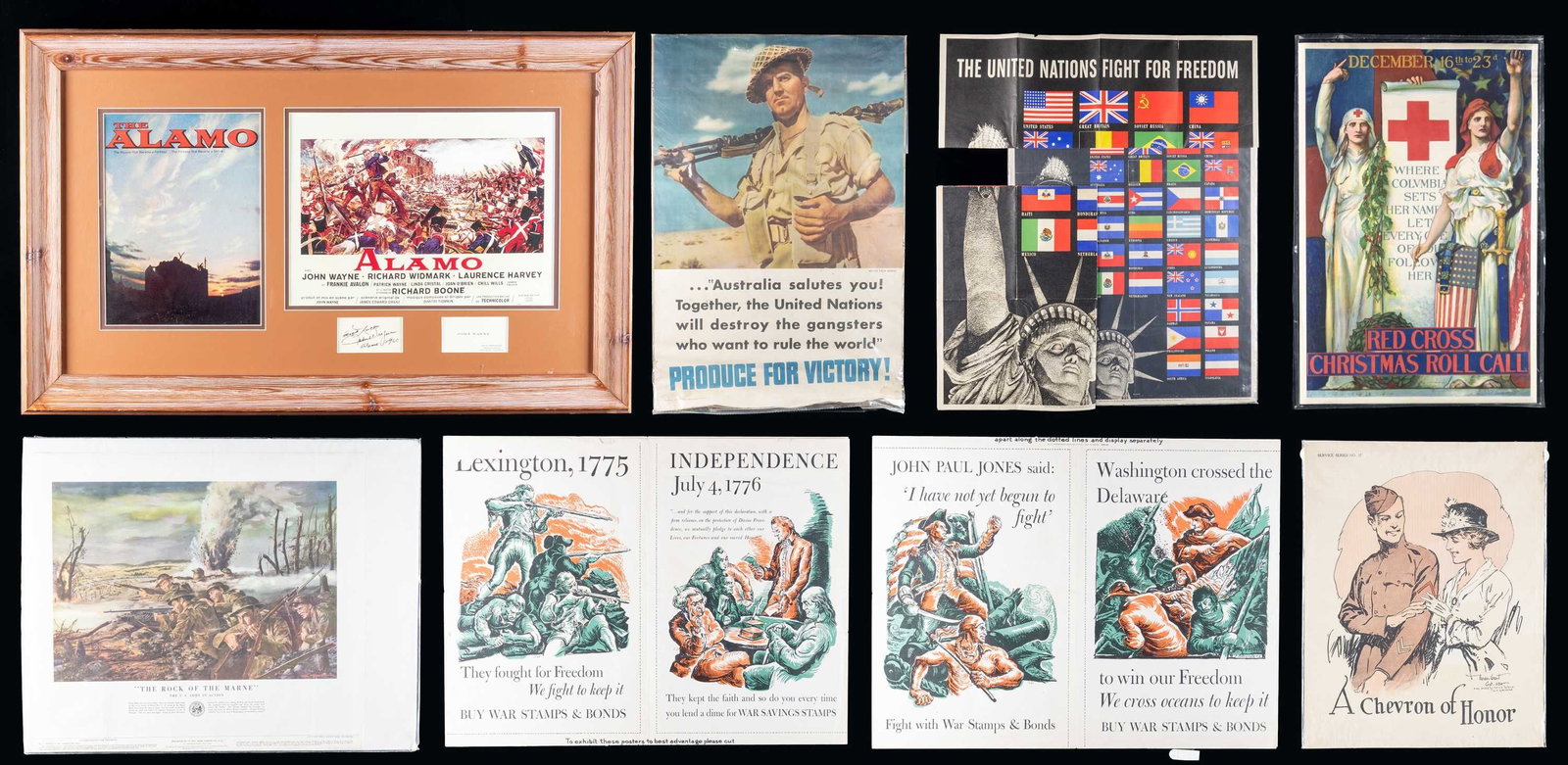 MILITARY POSTERS & PRINTS OF A VARIETY OF THEMES.: This lot of 11 posters include 1 small WWI poster titled "A Chevron of Honor", 2 conjoined posters with George Washington and John Paul Jones themes respectively urging purchases of war stamps and bon