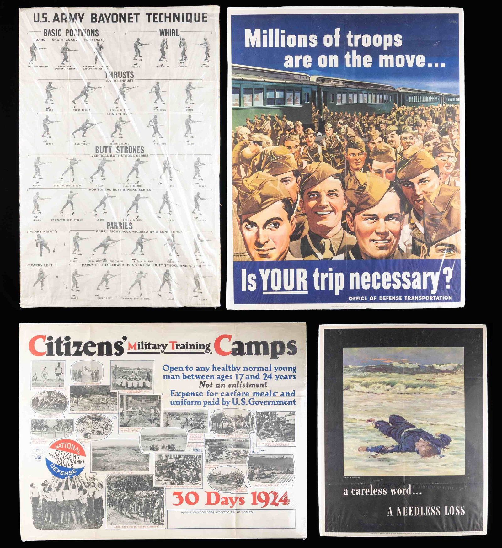 4 MILITARY POSTERS OF A VARIETY OF THEMES.: This lot of 4 military related posters includes 1 That reads "Millions of troops are on the move... Is YOUR trip necessary?" and shows a plethora of soldiers and a passenger train, 1 That reads "a car