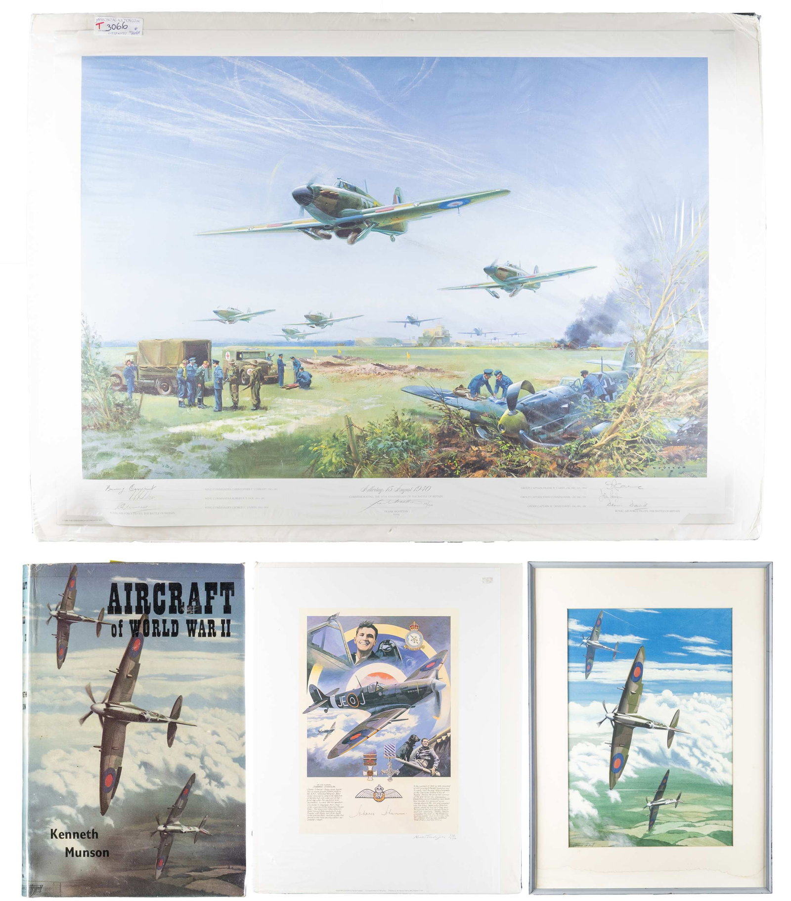 3 RAF PRINTS & BOOK.: This lot consists of 1 Hand signed print of the top Allied ace in The European theater with 35 kills, Johnnie Johnson. Print measures about 17" x 24", 1 Framed print of 3 Spitfires measuring 21" x 29"
