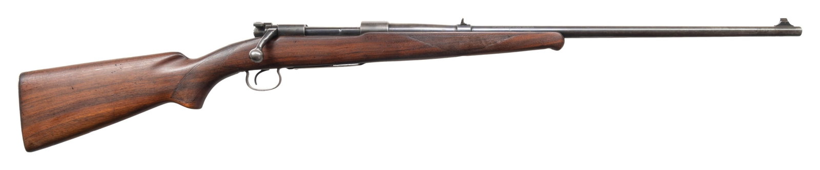 30 WCF, WINCHESTER MODEL 54 BOLT ACTION RIFLE.: Cal. 30 WCF (30-30). S# 22442A. Mfg. 1928. Bbl. 24". Blade front sight & 2 leaf rear sight. Drilled on front receiver bridge & left side. Control feed action. Walnut stock w/ schnabel tip & grooved st