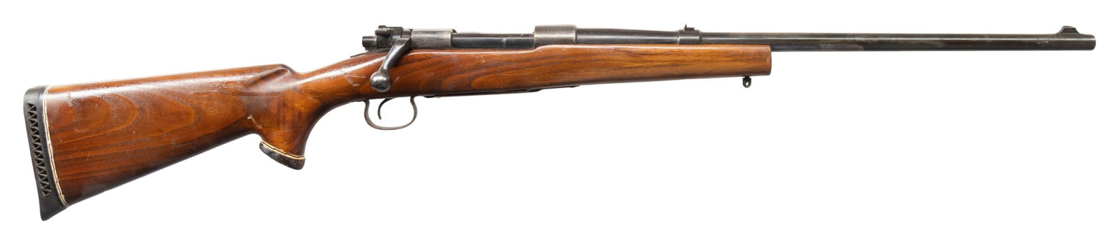 WINCHESTER M54 BOLT ACTION RIFLE.: Cal. 30WCF. S# 21306A. Mfg. 1929. Bbl. 20" with altered pinned blade front sight. Flip up leaf rear sight. Custom stock with Herters vent recoil pad. Missing 1 sling stud. CONDITION: overall poor. 30%