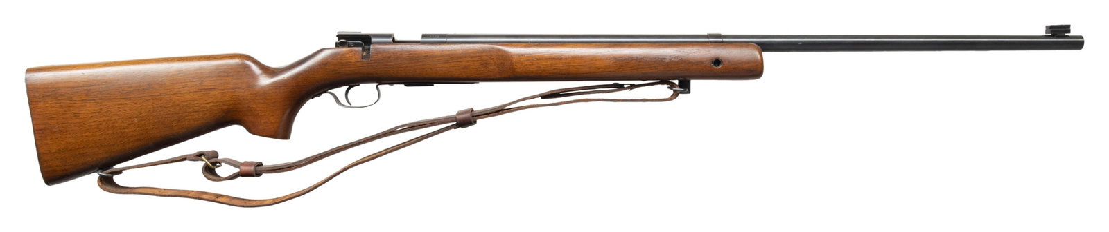 WINCHESTER M75 BOLT ACTION RIFLE.: Cal. 22 LR. S# 53858. Mfg. 1948. Bbl. 28" with dovetailed scope block in front sight position. Case colored rec scope block. Smooth pistol grip stock with checkered steel buttplate. Missing bolt. COND