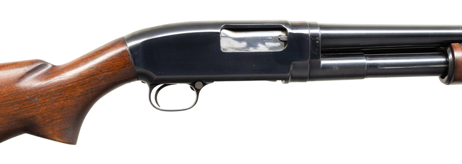 WINCHESTER MODEL 12 PUMP SHOTGUN.: Cal. 16ga, 2 3/4". S# 1118349. Bbl is shortened from 28" to 26 1/8", .010 choke "IC" remains. Original choke marking was "MOD". Replacement Big Head left hand safety. Flat bottom grooved forearm with 
