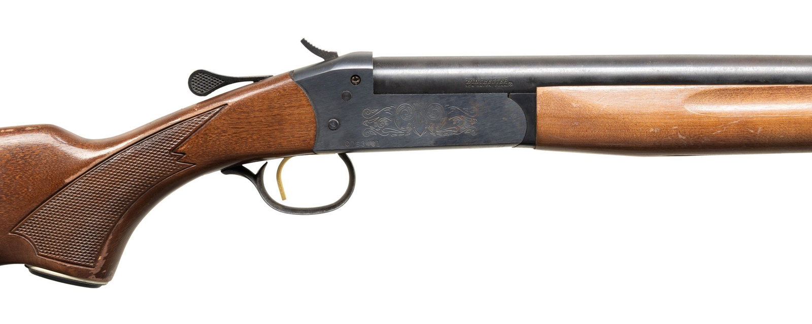 WINCHESTER M37A SINGLE SHOT SHOTGUN.: Cal. 12ga 2 3/4" & 3". S# C763481. Bbl. 30" plain with brass bead front sight. Scroll eng rec. Press checkered stock set. CONDITION: overall good. 85% orig blue with spotty freckled oxidation & handli