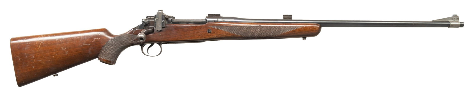 257 ROBERTS, REMINGTON MODEL 30-S SPECIAL GRADE: EXPRESS BOLT ACTION RIFLE. Cal. 257 Roberts. S# 24121. Bbl. 24"; "KE" code appears to indicate Nov. 1936 mfg. Band mounted blade front sight, Lyman receiver sight & 2 dished scope blocks. Control feed