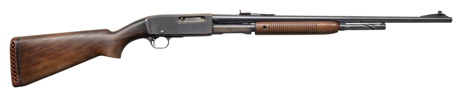 REMINGTON M141 GAMEMASTER SLIDE ACTION RIFLE.: Cal. 35 Rem. S# 49173. Mfg 1948. Bbl. 24" with ramped dovetail Lyman bead front sight. Ladder adj rear sight. Smooth pistol grip stock with added red Pachmayer vent recoil pad. CONDITION: overall fair