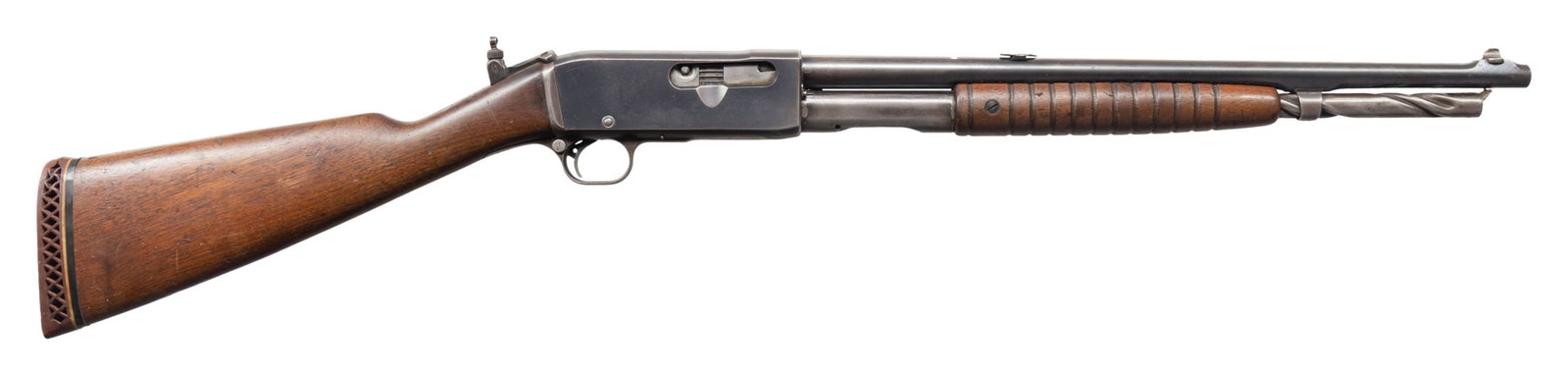 REMINGTON 14R SLIDE ACTION CARBINE WITH RARE: THUMBNAIL SAFETY. Cal 25 Rem. S#C60784. Bbl. 18.5" with dovetailed bead front sight. Rear dovetail is filled with an insert, there is an additional factory dovetail present with no filler. Lyman recei