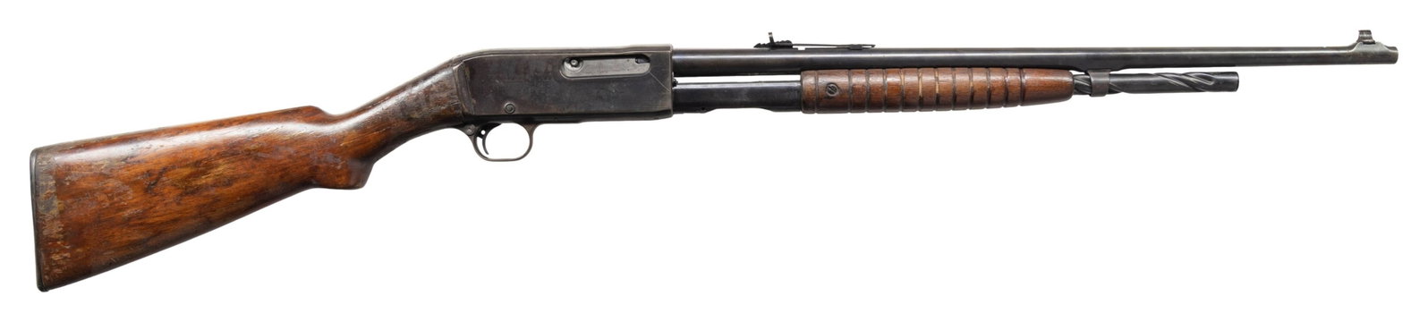 REMINGTON 14 SLIDE ACTION RIFLE.: Cal. 30 Rem. S#16804. Bbl. 22" with dovetailed brass bead front sight. Ladder adjustable rear sight. Smooth pistol grip walnut stock with smooth steel buttplate. CONDITION: overall fair-poor. 65% thin
