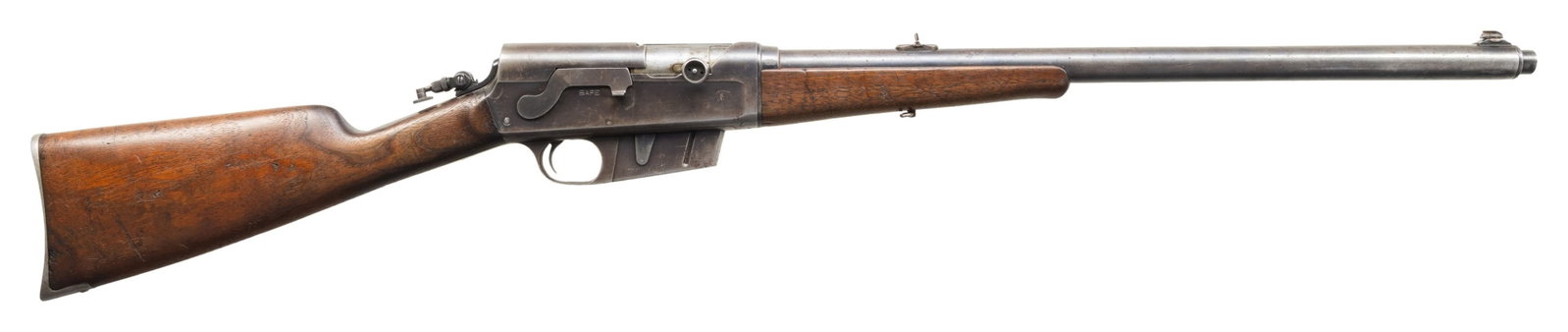 REMINGTON MODEL 8 SEMI-AUTOMATIC RIFLE.: Cal. 35 Rem. S# 42898. Bbl. 22". Model 8 semi-automatic rifle mfg. by Remington circa. 1919. Top of the bbl. shroud is marked "MODEL 8", followed by Remington's 2-line mfg. and patent information. Top