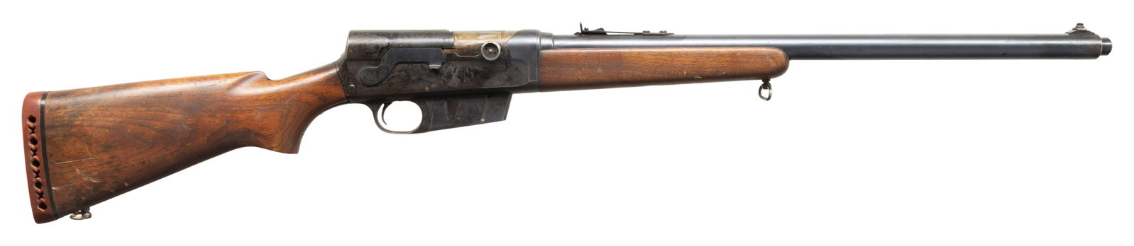 REMINGTON 81 WOODSMASTER SEMI AUTO RIFLE.: Cal. 300 Sav. S# 24543. Bbl. 22" with dovetailed bead front sight. Ladder adj rear sight. Rec has added tapped scope mount holes. Replacement butt with Westernfield red vent pad. CONDITION: overall po
