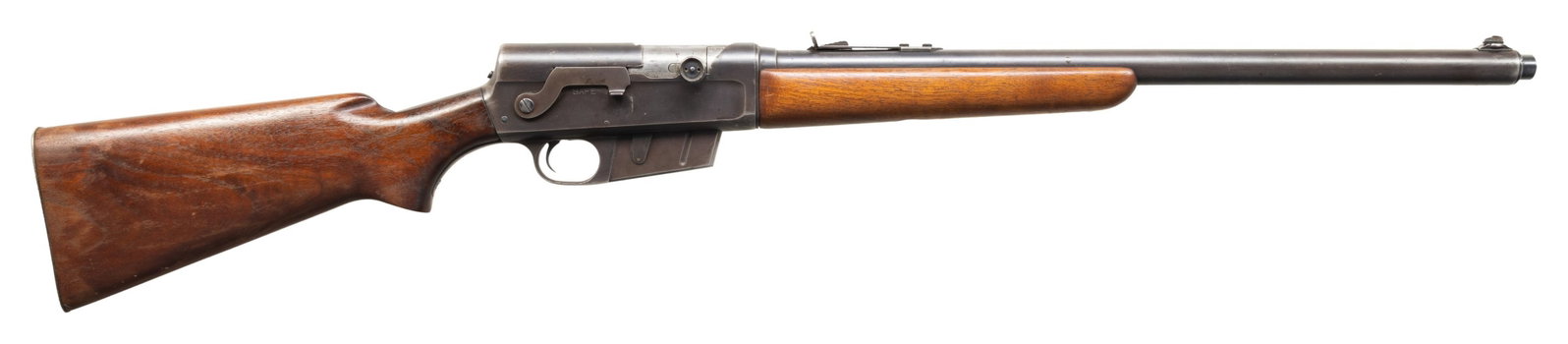 REMINGTON 81 WOODSMASTER SEMI AUTO RIFLE.: Cal. 35 Rem. S#1312. Bbl. 22" with replacement dovetailed Marbles bead front sight. Ladder adj rear sight. Rec has extra holes for sight mount. Smooth pistol grip walnut stock with checkered Remington
