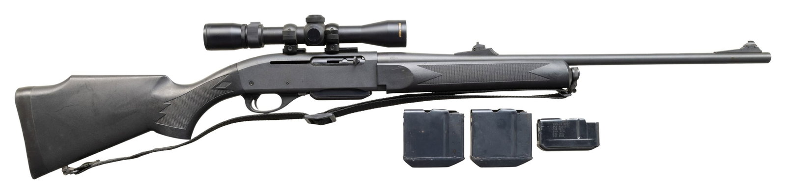 308 WIN., REMINGTON 7400 SYNTHETIC SEMI AUTO: RIFLE. CAL. 308 WIN. S# C8032238. The 22" bbl.; code "KW" indicating May 2001 mfg. Matte black finish. Sporting iron sights; Nikon ProStaff 2-7x scope on 2 piece rings & bases. Black synthetic stock s