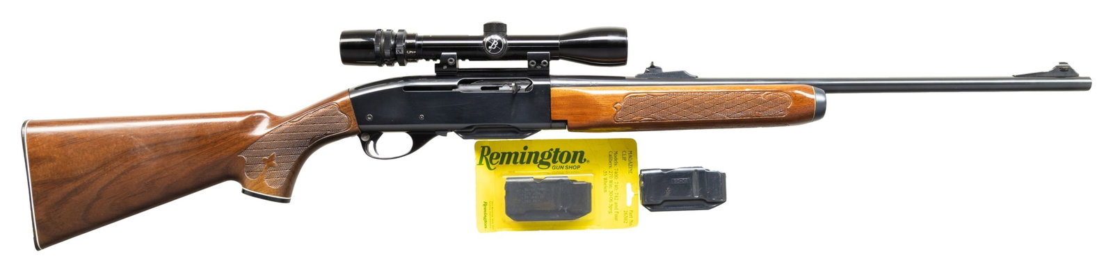 REMINGTON 742 WOODSMASTER SEMI AUTO RIFLE.: Cal. 30-06. S# 7339869. Bbl. 22". Ramped bead front sight. Adjustable rear sight. Receiver mounted Bushnell ScopeChief IV-MD 2.5-8x variable scope. Scope has fine crosshair reticle & good optics. Blue