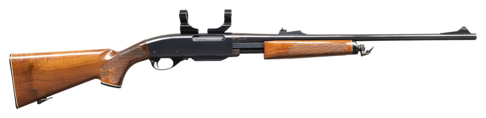 REMINGTON 760 GAMEMASTER PUMP ACTION RIFLE.: Cal. 30-06. S# A7250050. Bbl. 22". Bead front sight. Ramped adjustable sporting rear sight. Receiver has scope rings for further sight mounting. Bbl. has "WI" date code for August, 1976. Blued finish.