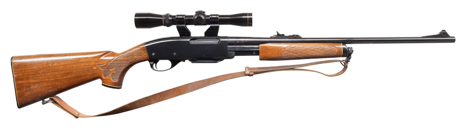 REMINGTON 760 GAMEMASTER PUMP ACTION RIFLE.: Cal. 243 Win. S# 7155181. Bbl. 22". Ramped bead front sight. Adjustable sporting style rear sight. Receiver mounted Leupold 2-7x Vari- II Scope. Scope has duplex crosshair reticle & very good optics. 