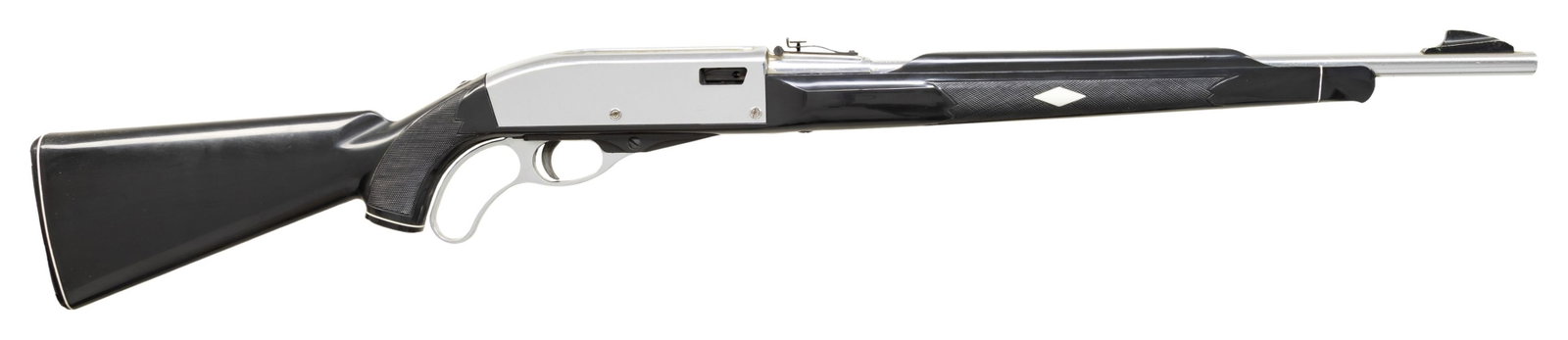 VERY RARE REMINGTON NYLON 76 LEVER ACTION RIFLE.: Cal. 22 LR. S# NSN. Bbl. chromed 19 5/8" with black alloy "shark fin" blade front sight; blued adjustable rear sight incorporated into the front section of the chromed receiver cover having integral g