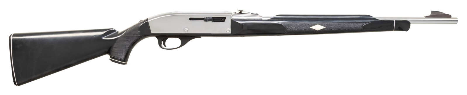 REMINGTON NYLON 66 SEMI AUTO RIFLE.: Cal. 22LR. S# 2183120. Bbl. 20" Chrome finish. Apache black stock set. CONDITION: overall very fine with only a few scattered light handling marks and blemishes. Nice bright shiny bore. (26-1401/ZAL).