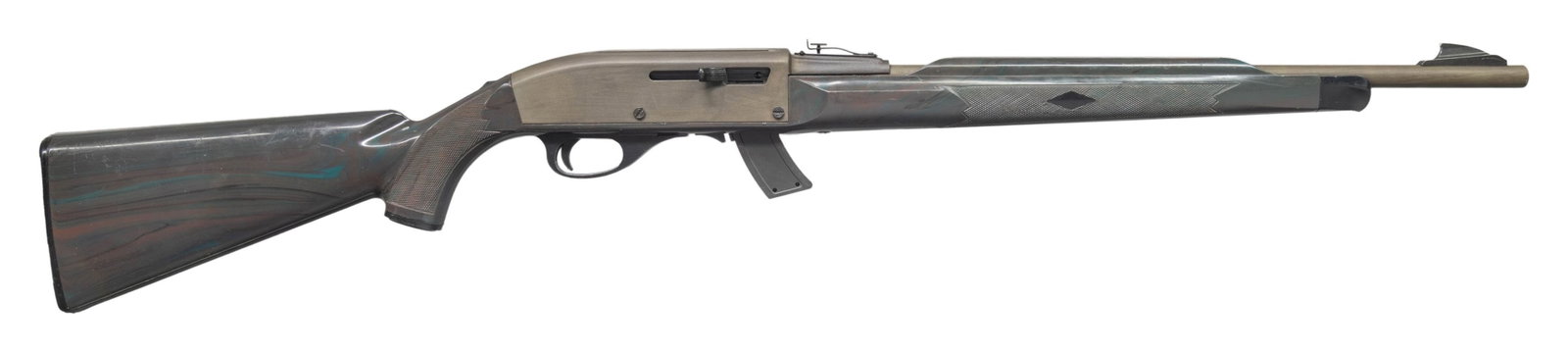 REMINGTON NYLON APACHE 77 SEMI-AUTO RIFLE.: Cal. 22 LR. S# A2378567. Bbl. 19 5/8" having steel "shark fin" blade front sight plus adjustable rear sight on its receiver cover extension. Proofed June 1988 (1987-1989) yet also marked "87"; difficu