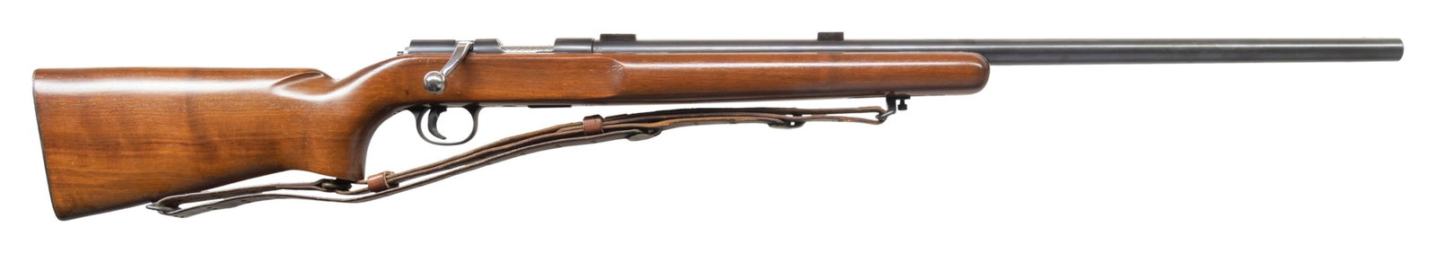 REMINGTON 37 RANGEMASTER TARGET BOLT ACTION RIFLE.: Cal. 22 LR. S# 12261. Bbl. 28" with plugged front sight holes and 2 additional scope blocks. Smooth pistol grip walnut target stock with checkered steel buttplate and sling swivels. Jeweled bolt. COND