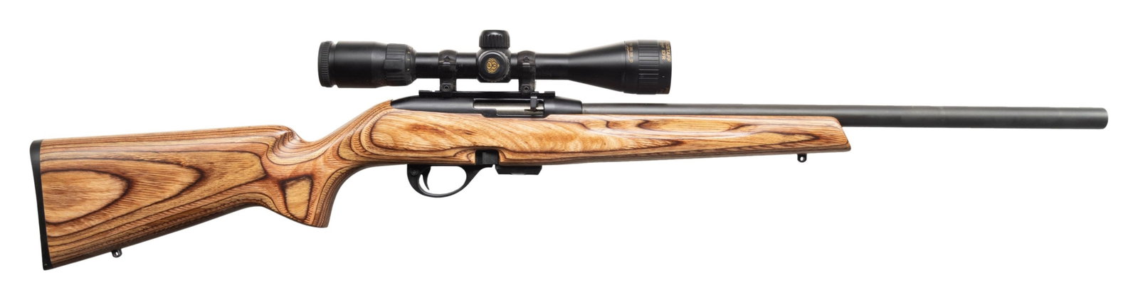 REMINGTON M597 MAGNUM SEMI AUTO RIFLE.: Cal. 22 Win Mag. S# 2985584M. Bbl. 20" matte finished with no provision for sights. Nikon 3-9x40 duplex reticle. Smooth laminate pistol grip stock with checkered plastic buttplate and sling studs. MAG