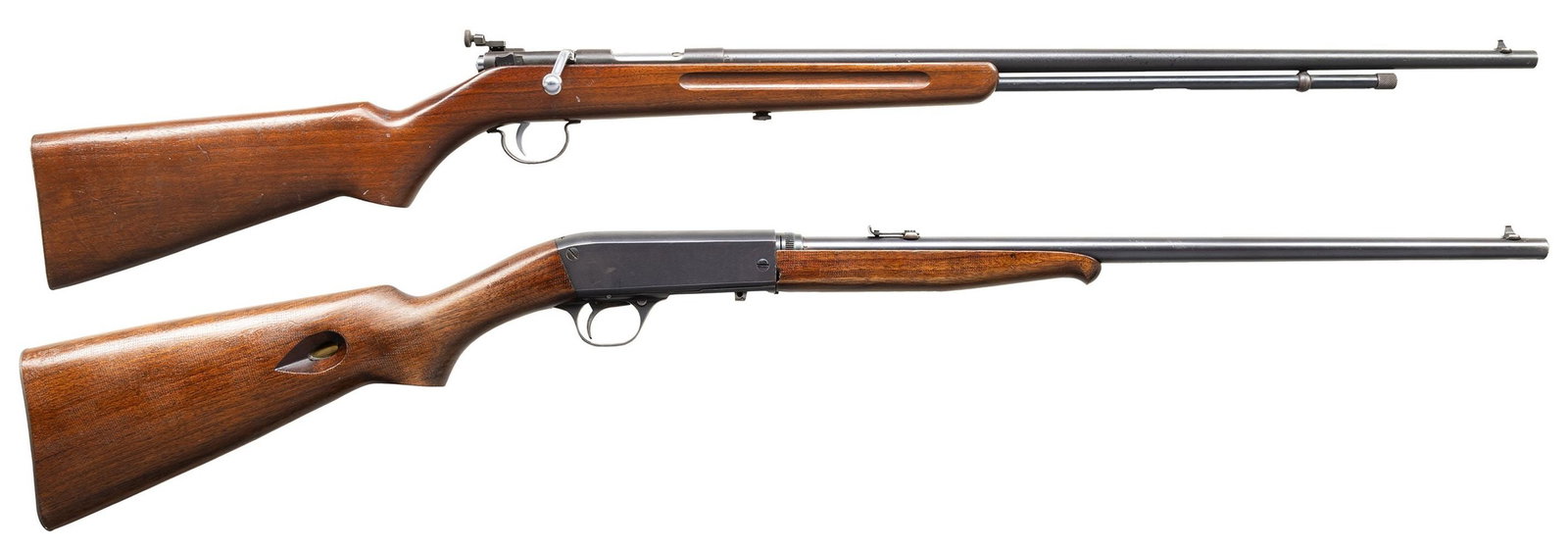 LOT OF 2 REMINGTON .22 RIMFIRE RIFLES.: 1) REMINGTON MODEL 34 BOLT ACTION RIFLE. Cal. 22 S, L, LR. S# 141177. Bbl. 24". Model 34 bolt action rifle mfg. by Remington in June of 1935 (final year of Model 34 production). Top of the bbl. is mar
