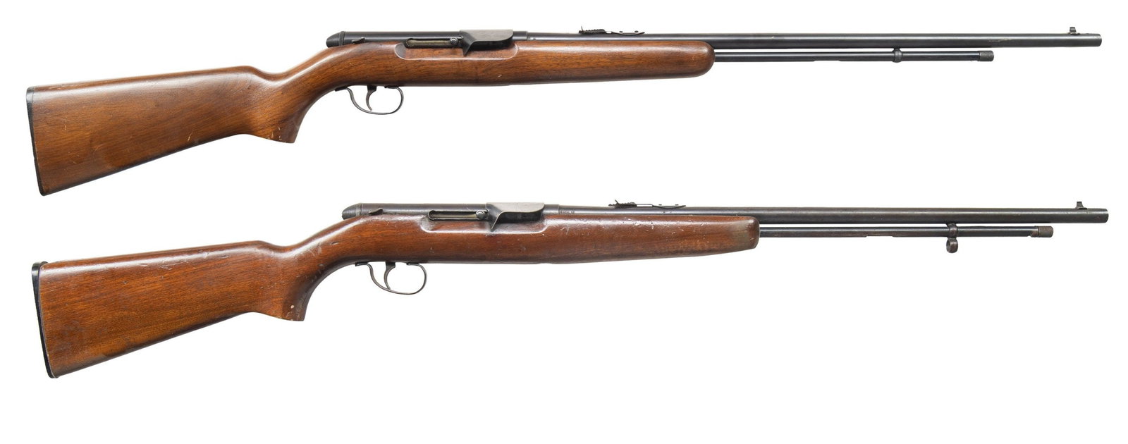 2 REMINGTON M550 SEMI AUTO RIFLES.: 1) M550. Cal. 22 S,L,LR. S# NSN. Bbl. 24" with dovetailed bead front sight. Elevator adj rear sight. Smooth pistol grip stock with checkered Remington black plastic buttplate. CONDITION: overall fair.