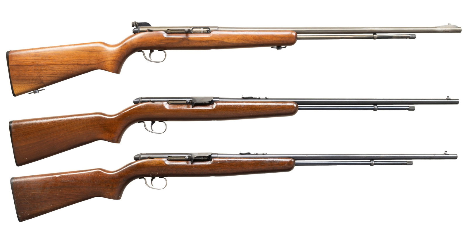 LOT OF 3 REMINGTON 550 SEMI AUTO RIFLES.: All Cal. 22 S, L & LR. All NSN. 1) Remington 550-P Rifle. Bbl. 24". Ramped blade front sight. Receiver mounted aperture rear sight. Walnut stock with bottom mounted sling swivels. CONDITION: stock sho