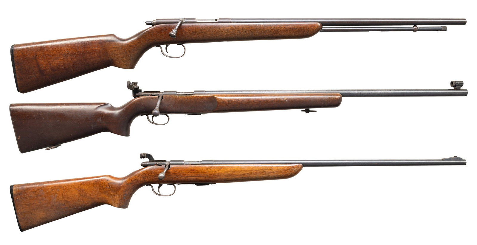 3 REMINGTON BOLT ACTION 22RF RIFLES.: 1) REMINGTON 341P THE SPORTMASTER. Cal 22 S,L,LR. NSN. Bbl. 22". No sights. Multiple added sight holes in both the bbl and rec. Smooth pistol grip walnut stock with checkered black plastic buttplate. 