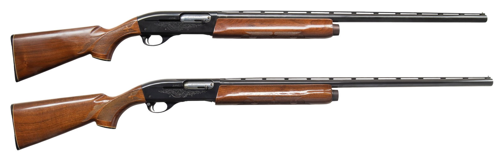 2 REMINGTON 1100 SEMI AUTO SHOTGUNS.: 1) Cal. 12ga 2 3/4". S# 471317V. Bbl. 28" VR with steel bead front sight. Machine eng rec. Press checkered pistol grip stock with serrated Remington butt plate. UNATTACHED ACCESSORIES: 22" Buck bbl. C