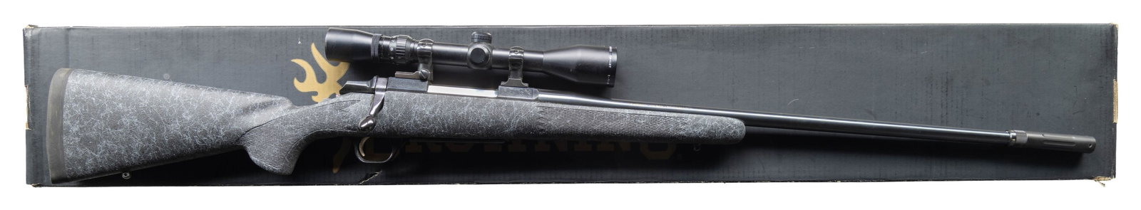 BROWNING A-BOLT MEDALLION GRADE BOLT ACTION RIFLE.: Cal. 300 Win. Magnum. S#27493NT317. 26" bbl over BOSS (Ballistic Optimizing Shooting System). Nichols 3-9x40 matte finished scope with duplex reticle on 2 pc. mounts. Bell & Carlson aftermarket synthe