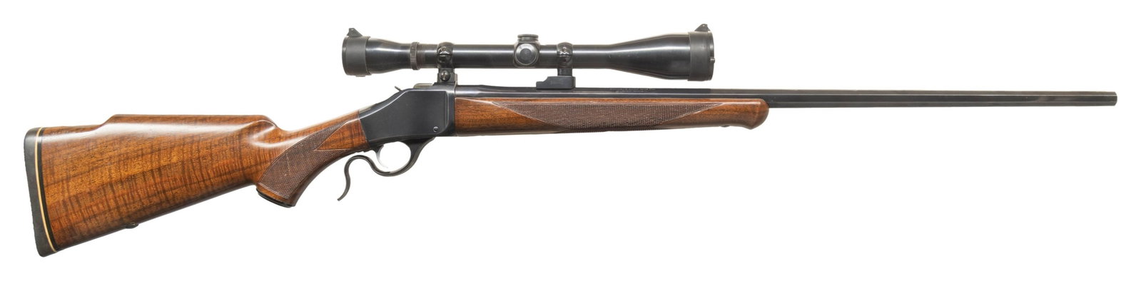 BROWNING B78 HIGH WALL SINGLE SHOT RIFLE.: Cal. 25-06. S# 4395W37. 26" tapered octagon bbl without sights. Weaver K6x40 scope with standard crosshairs on 2 pc Browning mounts. Winchester High Wall style single shot action. Schnable tipped fore