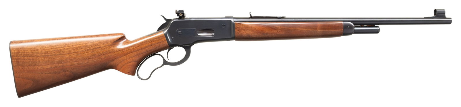 BROWNING MODEL 71 GRADE 1 LIMITED EDITION LEVER: ACTION CARBINE. Cal. 348 Win. S# 01727PR1C7. 20"round bbl. Hooded ramp gold bead front with base for sporting rear sight (w/o elevator) and a Williams receiver sight. 2/3 length mag. Blue finish. Waln