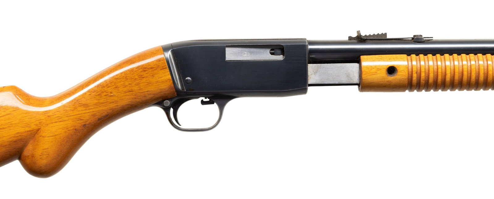 FN BROWNING TROMBONE MODEL PUMP ACTION RIFLE.: Cal. .22 L. (S, L or LR). S# 144671. Bbl. 22" with dovetailed bead front sight and dovetailed elevator adjustable rear sight; receiver grooved for scope mounting. Mfg. 1972 (1922-1974) by FN for Brown