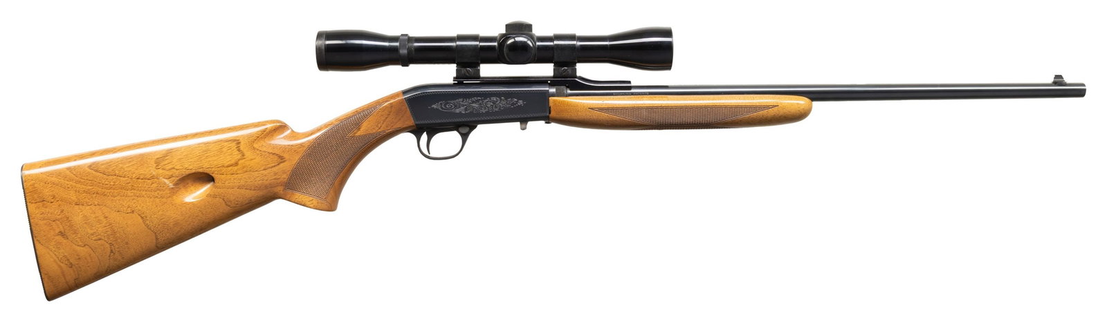 FINE 1970 BELGIAN BROWNING SA-22 SEMI-AUTOMATIC: TAKEDOWN RIFLE. Cal. 22 LR. S# 70T35702. Bbl. 19 3/8". SA-22 semi-automatic rifle mfg. in Belgium by Fabrique Nationale and imported by Browning Arms Company in 1970. Top of the bbl. is marked with Br