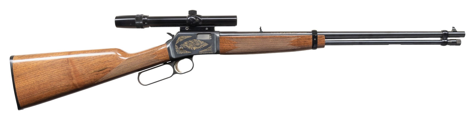 BROWNING GRADE II BL-22 LEVER ACTION RIFLE.: Cal. 22 S, L, LR. S# 05753PP226. Mfg. 1988. Bbl. 20". Sporting sights; Bushnell 3-7x tip-off scope. Engraved receiver has added Bonanza gold filling. Checkered gloss finished walnut stock set. CONDITI