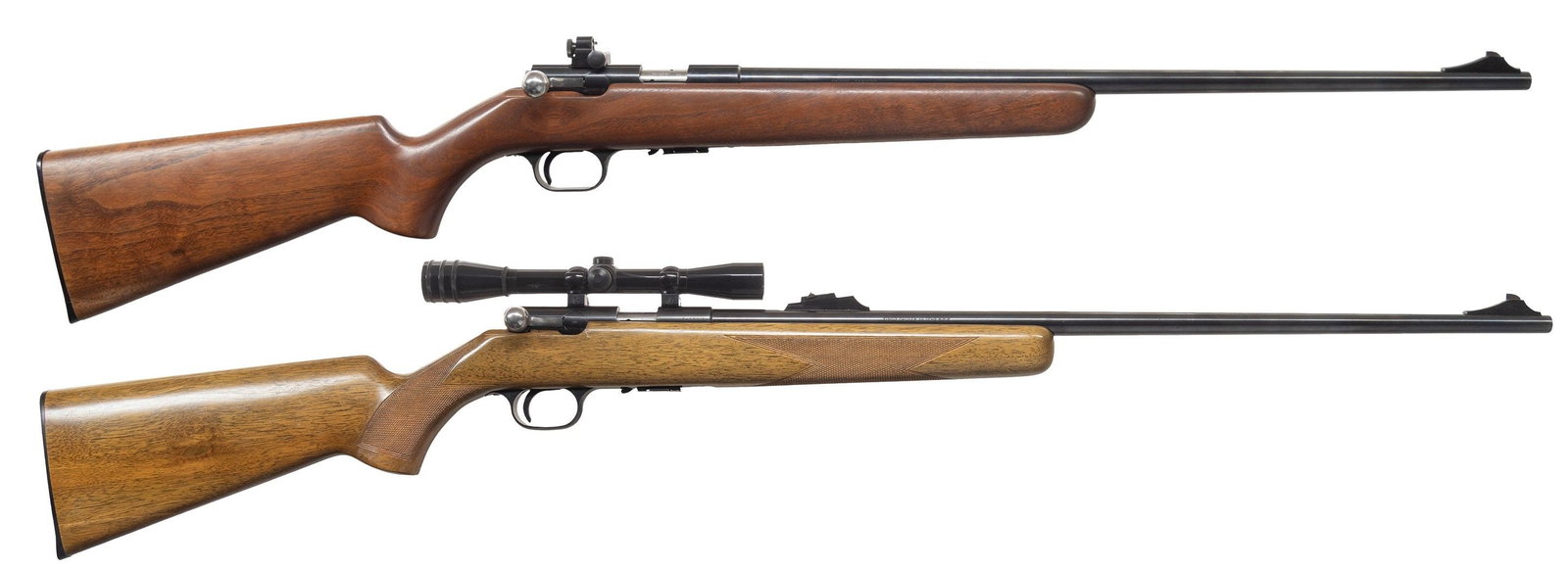 2 BROWNING T-BOLT BOLT ACTION RIFLES.: 1) Cal. 22LR. S# 13951X6. Bbl. 22" with ramped blade front sight. Rec mounted adjustable peep sight. Grooved rec. Smooth pistol grip walnut stock with Browning buttplate. CONDITION: overall good. The 