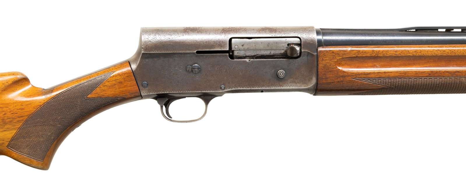 BELGIAN BROWNING MAGNUM A5 SEMI AUTO SHOTGUN.: Cal. 12ga. 3". Opened to Full. S# 70V71174. Mfg. 1970. Bbl. 29" Simmons VR with steel bead front sight and marked "Browning Arms Company St Louis Mo & Montreal PQ / Made in Belgium" Checkered flat kno