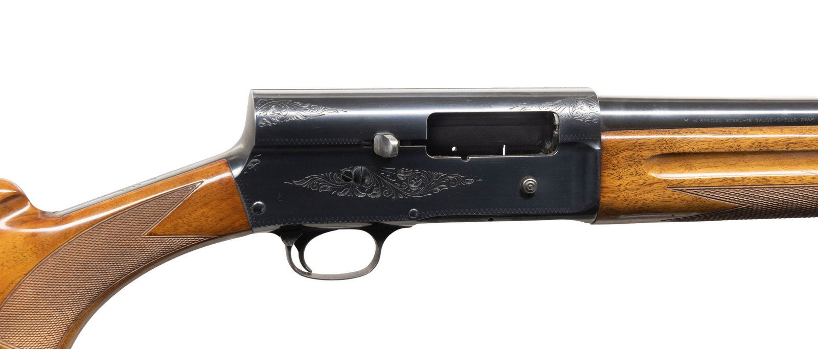 BELGIAN BROWNING A5 SEMI AUTO SHOTGUN.: Cal. 12ga 2 3/4". S# 68M58754. Mfg. 1968. Bbl. 26" with steel bead ramp front sight and marked "Browning Arms Company St Louis Mo & Montreal PQ" & "Made in Belgium". Standard factory engraved receiver