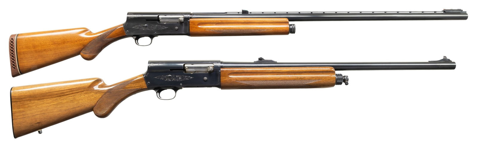 2 BELGIAN BROWNING A5 SEMI AUTO SHOTGUNS.: 1) MAGNUM. Cal. 12ga 3". Full. S# 9V14618. Mfg 1959. Bbl. 30" VR marked "Browning Arms Company St Louis Mo & Montreal PQ" & "Made in Belgium". Added low-vis fiber optic sights. Checkered round knob pi