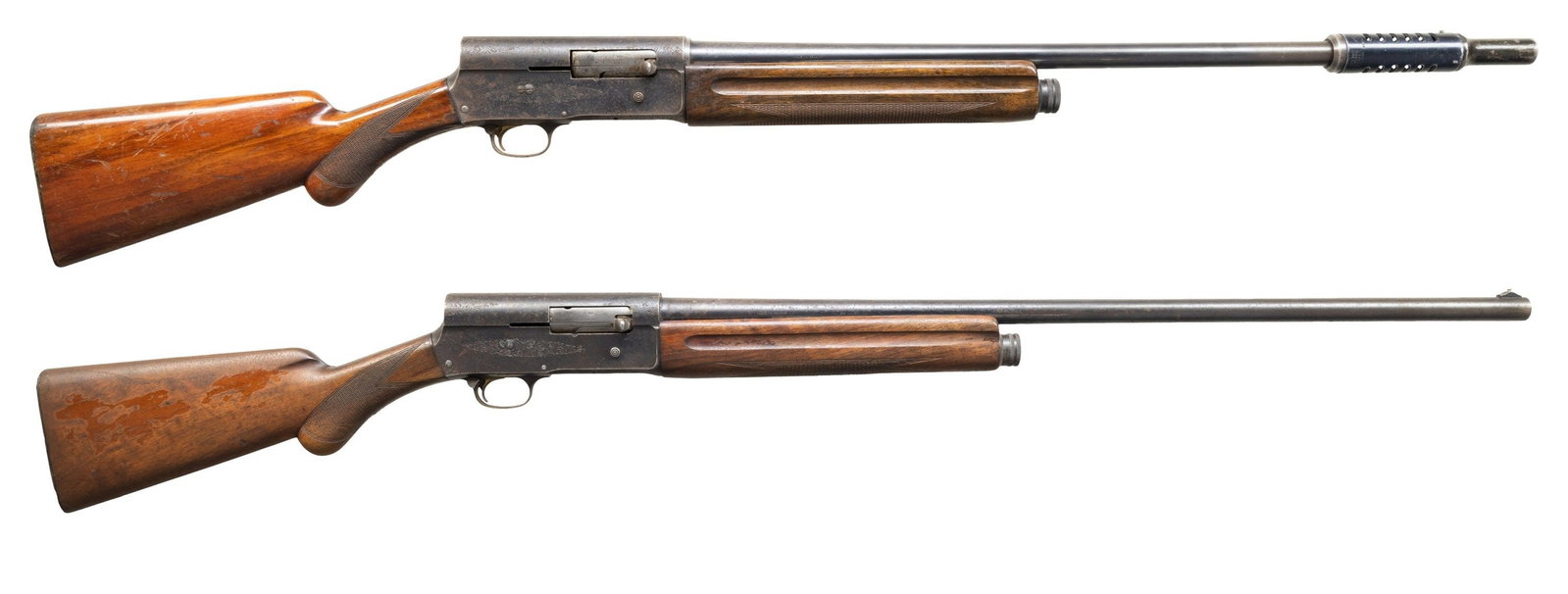 2 BELGIAN BROWNING A5 LIGHT TWELVE SEMI AUTO: SHOTGUNS. Cal. 12ga. 2 3/4"1) S#. L89874. Mfg. 1956. Bbl. 27" over added Lyman Cutts compensator marked "Browning Arms Company St Louis Mo" & "Made in Belgium". Standard factory engraving on rec. Chec
