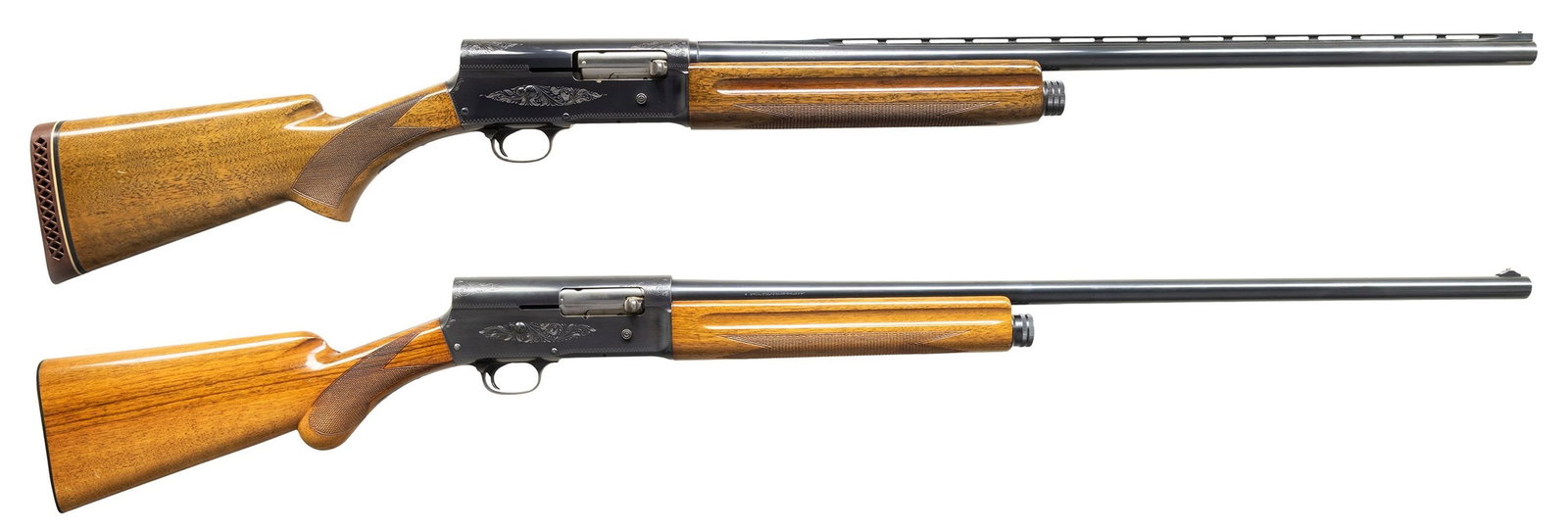LOT OF 2 BELGIAN BROWNING A5 SEMI-AUTOMATIC: SHOTGUNS. 1) Cal. 12 GA, 3". S# 72V15346. Bbl. 27 1/2". A5 Magnum semi-automatic shotgun mfg. in Belgium by Fabrique Nationale and imported by Browning Arms Company in 1972. Left side of the bbl. is m