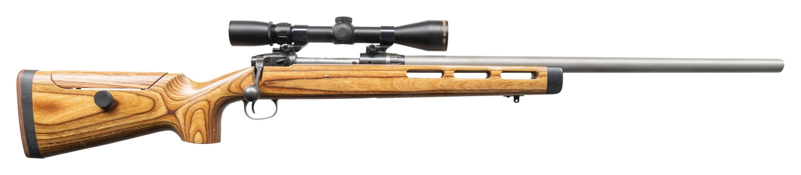 SAVAGE MODEL 110 CUSTOM LAMINATED STOCK BOLT: ACTION RIFLE. Cal. 6mm Ackley Improved. S# F500031. 24 1/2" unmarked custom tapered stainless steel bbl measuring 13/16" across at the recessed target muzzle. Barrel is free floated. Action has top ta