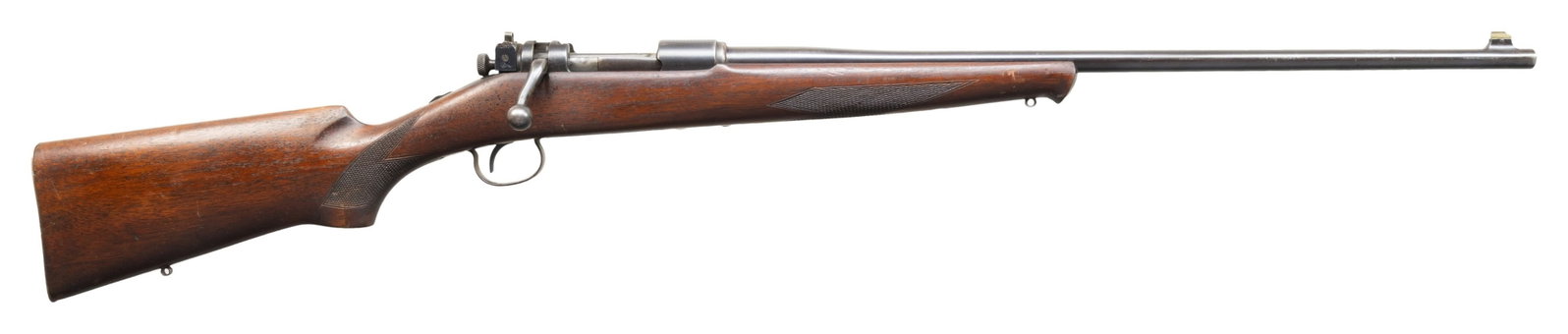 SCARCE SAVAGE MODEL 1920-1926 BOLT ACTION RIFLE.: Cal. 250-3000. S# 11583. Bbl. 24" with integral base at muzzle holding brass bead shaped blade sight; no provision on barrel for rear sight as it has a Savage supplied Lyman 54 receiver sight attached