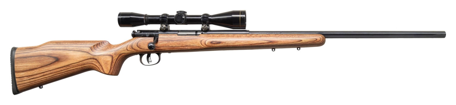 SAVAGE MODEL 40 VARMINT HUNTER SINGLE SHOT BOLT: ACTION RIFLE. Cal. 22 Hornet. S# G730203. 24" varmint contour bbl without sight. Leupold M8, 7.5x 40 gloss finished scope with standard cross hairs. Single shot action has right side safety & AccuTrig