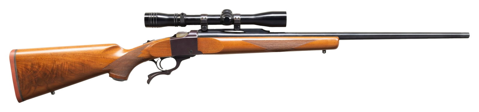 RUGER "200th YEAR OF AMERICAN LIBERTY" NO. 1-B: SINGLE SHOT RIFLE.Cal. 243 Win. S# 130-40217. 26" bbl without sights. Redfield Widefield 3-9X40 scope with Duplex reticle on quarter rib with Ruger rings. Semi beavertail forend & capped pistol grip s