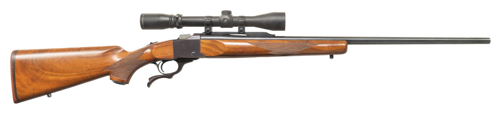 RUGER NO. 1-B SINGLE SHOT RIFLE.: Cal. 30-06. SN. 131-05683. Bbl. 26". Burris Fullfield 3-9x40 matte finished scope with duplex reticle on a quarter rib & Ruger rings. Falling block single shot action. Semi beavertail forend & capped 