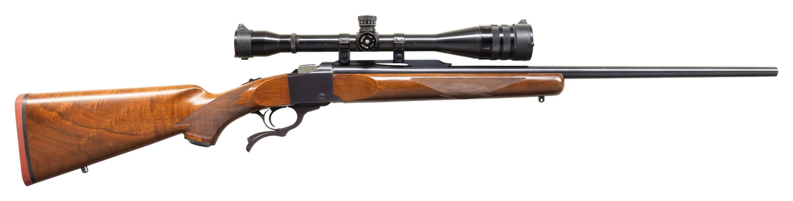 RUGER NO. 1-B SINGLE SHOT RIFLE.: Cal. 220 Swift. S# 132-29216. 26" bbl without sights. Falling block action. Weaver T-16, 16 power scope with AO., target turrets & Duplex reticle on quarter rib with Ruger rings. Semi beavertail foren