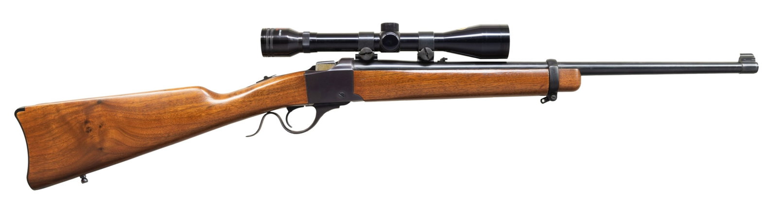 RUGER NO. 3 SINGLE SHOT CARBINE.: Cal. 223 Rem. S# 132-16965. 22"ramp mounted bead front bbl with folding leaf rear sight. Tasco Water Proof 4x40 gloss finished scope with Duplex reticle on Weaver mounts. Band fastened carbine forend 
