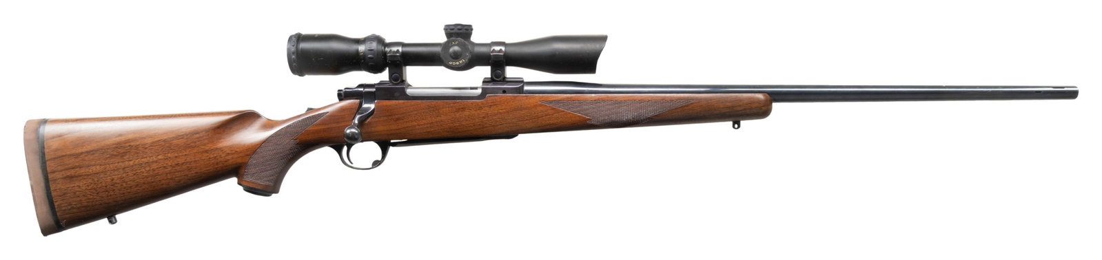 RUGER MODEL 77 BOLT ACTION RIFLE.: Cal. 338 Win Mag. S# 74-59361. 24" custom ported bbl without sights. Tasco ESP 1.5-5x32 matte finished scope with duplex reticle on Ruger rings. Walnut stock with grip cap & swivel bases. LOP: cut to 