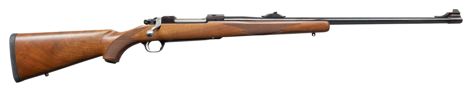 RUGER MODEL 77 MARK II BOLT ACTION RIFLE.: Cal. 338 Win. Mag. S# 781-50703. 24"band mounted bead front bbl with island mounted folding leaf rear sight. Action has integral scope bases. Straight comb checkered walnut pistol grip stock. Stock ha